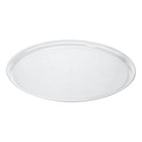 Clear 12-inch round plastic tray with crystal-glass look and smooth edges, ideal for serving stylishly at events