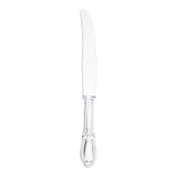 Clear Baroque disposable plastic dinner knives with an ornate handle design, 9 inches long, perfect for upscale dining