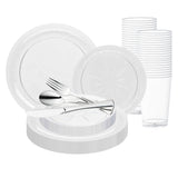 Clear Floral Round Disposable Plastic Wedding Set with silver cutlery and cups displayed for elegant reception setup