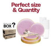 Clear Pink Hammered Glass Set includes 7.5" and 10.25" plates, 4.5" cups, and elegant gold cutlery
