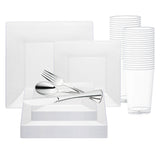 Clear Square Plastic Wedding Value Set with silver cutlery, designed to bring modern elegance to weddings and events