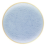 Clear blue round hammered plastic appetizer plates with a decorative gold rim