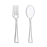 Clear disposable plastic mini flatware set in a 960-count case, each piece measuring 4", perfect for appetizers, desserts, and tastings