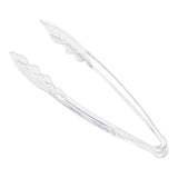 Clear disposable plastic serving tongs, perfect for serving salads, desserts, and more at any event