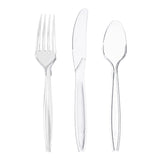 Clear medium heavy weight disposable plastic cutlery set with forks, teaspoons, and knives, complete single-use flatware service for 100 guests.