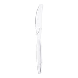 Clear medium heavy weight disposable plastic dinner knives, professional-grade single-use flatware for catering, parties, and everyday food service.