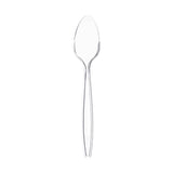 Clear medium heavy weight disposable plastic teaspoons, professional-grade single-use flatware for catering, parties, and everyday food service.