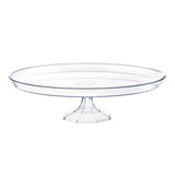 Clear medium round plastic cake stand with 11.6-inch top diameter, ideal for elegant dessert and cake presentation