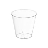 Clear plastic shot glasses with a 1 oz capacity, perfect for serving spirits, samples, and desserts
