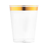 Clear plastic tumblers with an elegant metallic gold rim, 10 oz capacity, round shape, and disposable convenience