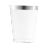 Clear plastic tumblers with an elegant metallic silver rim, 12 oz capacity, round shape