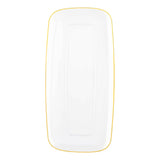 Clear rectangular disposable plastic plate with a gold rim and flat raised edges, measuring 10.6x5 inches, sold in a 120-pack
