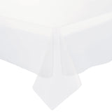 Clear rectangular disposable plastic tablecloth measuring 54" x 108", ideal for covering standard banquet tables.