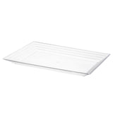 Clear rectangular plastic serving tray with a groove rim, ideal for elegant and versatile food presentation