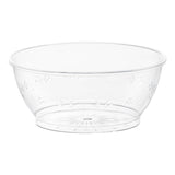 Clear round disposable plastic dessert bowl with a delicate floral design
