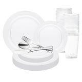 Clear round plastic dinnerware set with matching tumbler and silver cutlery, elegantly displayed on a white background for upscale events