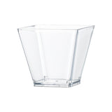 Clear square disposable plastic mini cups with lids, 2.25" x 2.25", 3.5 oz capacity, ideal for desserts or snacks, 288 cups per case.