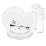 Clear with Silver Vintage Rim Round Disposable Plastic Wedding Value Set with silver cutlery, featuring a clear design with elegant silver vintage rims, perfect for adding timeless sophistication to your celebration