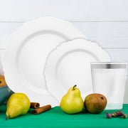 Close-up of White with Silver Blossom Rim plates used for formal dining service.