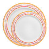Complete dinnerware set featuring white plates with a red and gold chord rim, perfect for holiday and formal events