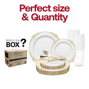 Complete set includes 10.25" dinner plates, 7.5" appetizers, 4.5" cups, 8" knives, 7.25" forks, and 6.25" spoons for full service