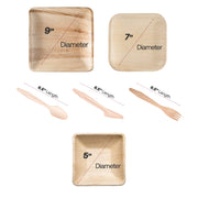 Compostable palm leaf dinnerware set with square plates and utensils, ideal for sustainable gatherings