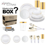 Crafted from BPA-free, recyclable plastic, the White with Gold Vintage Tableware Set pairs timeless style with sustainable ease