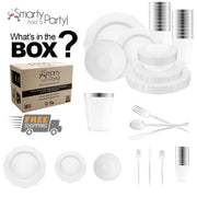 Crafted from BPA-free, recyclable plastic, the White with Silver Blossom Rim Tableware Set offers refined, eco-conscious entertaining