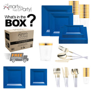 Crafted from recyclable, BPA-free plastic, the Midnight Blue Square Disposable Plastic Tableware Set ensures eco-luxe dining