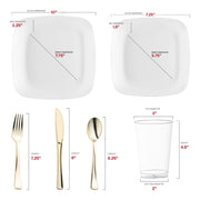 Crafted from recyclable, BPA-free plastic, the Solid White Flat Rounded Square Disposable Plastic Wedding Value Set with Gold Cutlery offers a safe, eco-friendly choice for upscale events