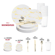 Create a luxurious and modern atmosphere with the White with Gold Marble Stroke Round Disposable Plastic Wedding Value Set, great for high-end events and formal celebrations