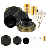 Designed for memorable occasions, this Black with Gold Fancy Round Set delivers a high-end look with disposable ease
