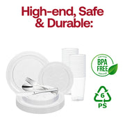 Disposable floral dinnerware and drinkware arranged for wedding guests—no cleanup required after event