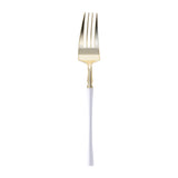 Disposable plastic dinner forks featuring elegant gold prongs and white handles, perfect for luxury table settings