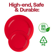 Durable disposable red plastic dinner plates with a 10.25-inch round design, pack of 120 for holiday occasions