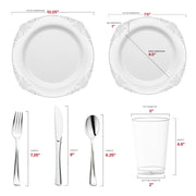 Eco-friendly and BPA-free, the White with Silver Fancy Round set blends style with responsible disposable use