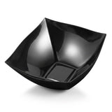 Elegant 32 oz black wave square disposable plastic bowl, chic and sturdy large serving bowl for weddings, parties, and catered events.