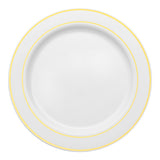 Elegant 7.5-inch round appetizer plates, white with gold rim, sturdy plastic