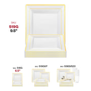 Elegant 9.5-inch white dinner plates with gold square edge rim, made of sturdy disposable plastic, perfect for events