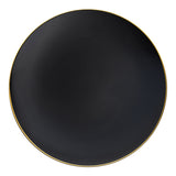Elegant black plastic plates featuring a gold rim and organic round shape, ideal for appetizers or salads, 7.5-inch diameter, 120-pack
