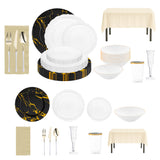 Elegant clear and ivory disposable wedding tableware with gold accents for refined reception dining