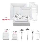 Elegant dining presentation using the White with Silver Square Edge Rim Plastic Wedding Value Set, blending minimalist design with refined silver detailing