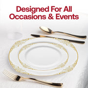 Elegant dining scene with White with Gold Fancy Round disposable plates arranged with gold cutlery and floral accents