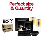 Elegant event setting enhanced by the Black Square Disposable Plastic Tableware Set showcasing bold dinner and appetizer plates