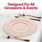 Elegant pink and gold plastic plates in use at a celebratory dinner, perfect for both casual and formal gatherings