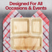 Elegant square 3-partition palm leaf dinner plates, disposable and 10-inch, perfect for events, parties, and casual dining