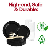 Elegant table presentation using the Black Vintage Rim Round Disposable Plastic Wedding Value Set, ideal for stylish weddings and upscale events