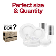 Elegant table setting highlighted by the White with Silver Blossom Rim Disposable Plastic Tableware Set’s sophisticated plates