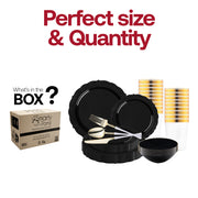 Elegant table styled with the Black Vintage Disposable Plastic Tableware Set, featuring gold-accented cutlery and sleek black plates