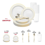 Elegant wedding tablescapes styled with the White with Gold Edge Rim Plastic Wedding Value Set for formal, stylish gatherings